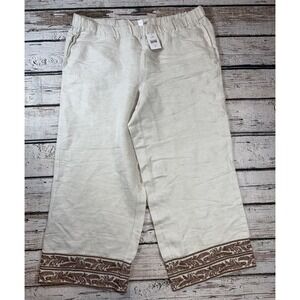 J Jill Womens Pants M Wide Leg Crop Linen Blend‎ Flax Clay Embroidered Lagenlook